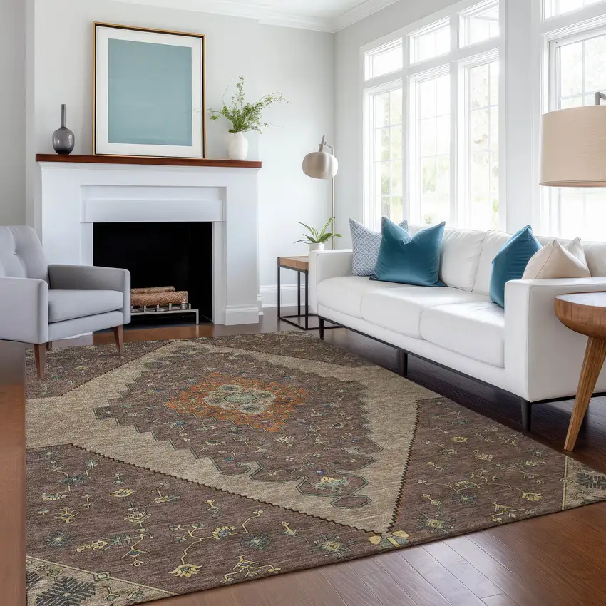 Brown And Gold Geometric Washable Indoor Outdoor Area Rug Photo 6