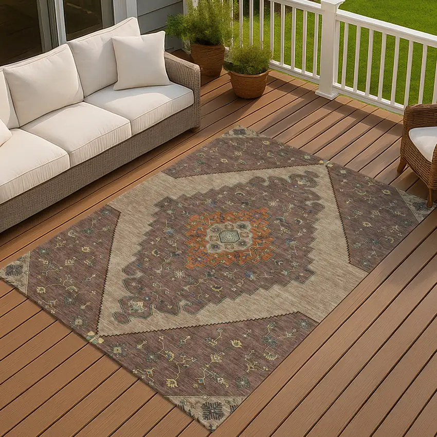 Brown And Gold Geometric Washable Indoor Outdoor Area Rug Photo 7