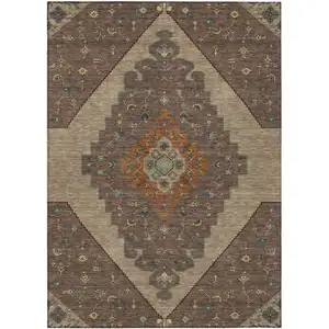 Photo of Brown And Gold Geometric Washable Indoor Outdoor Area Rug