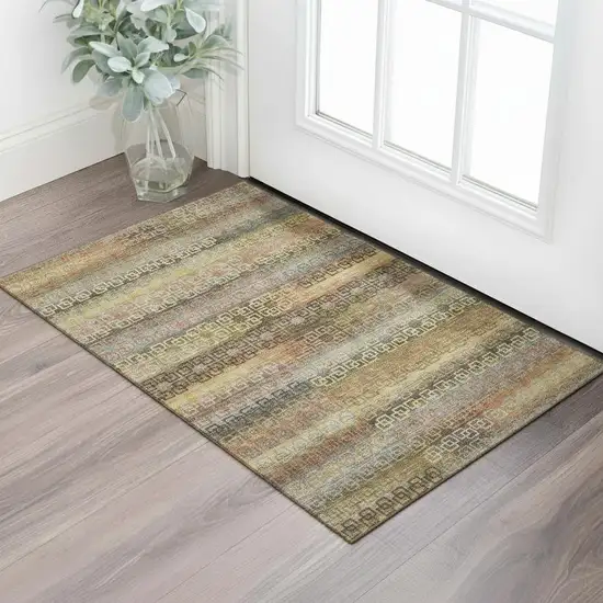 Brown And Gold Striped Washable Area Rug With UV Protection Photo 2