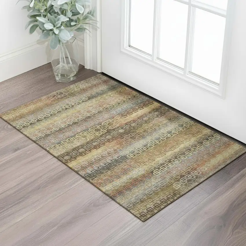 Brown And Gold Striped Washable Area Rug With UV Protection Photo 2