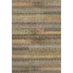 Photo of Brown And Gold Striped Washable Area Rug With UV Protection