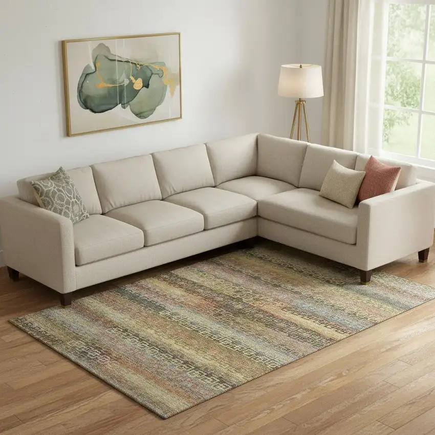 Brown And Gold Striped Washable Area Rug With UV Protection Photo 2