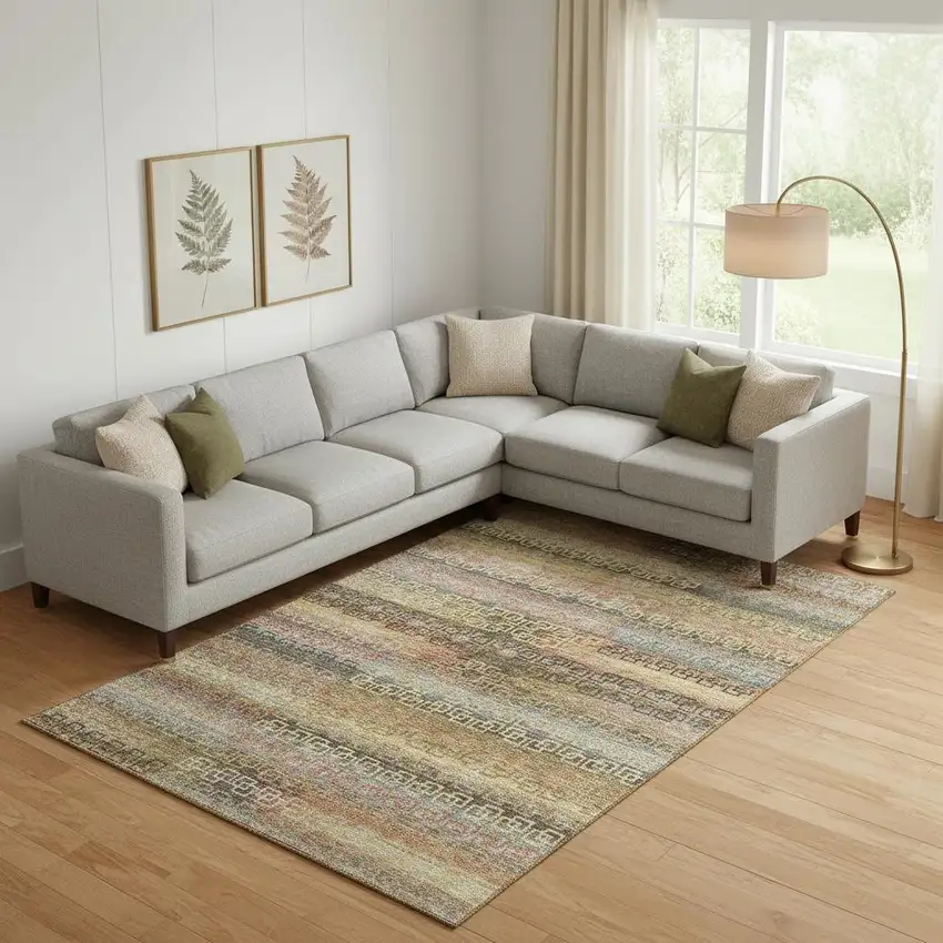 Brown And Gold Striped Washable Area Rug With UV Protection Photo 2