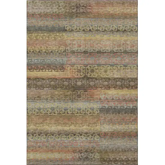 Brown And Gold Striped Washable Area Rug With UV Protection Photo 4