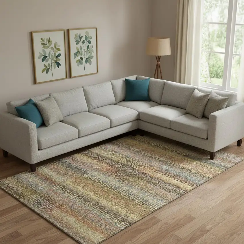 Brown And Gold Striped Washable Area Rug With UV Protection Photo 2