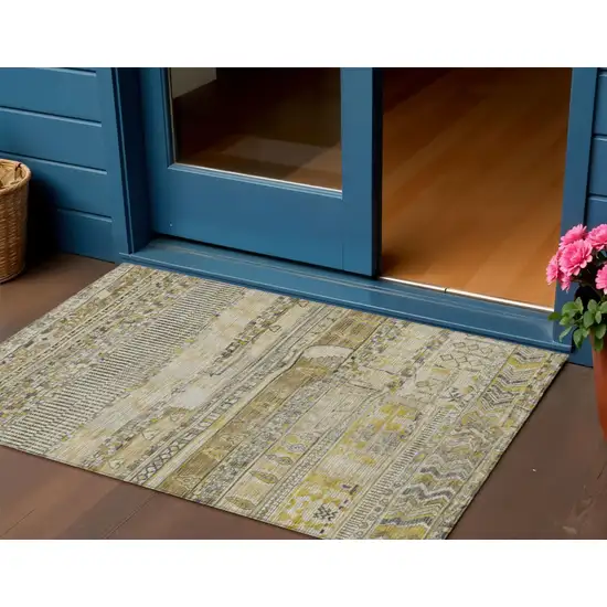 Brown And Gold Striped Washable Indoor Outdoor Area Rug Photo 2