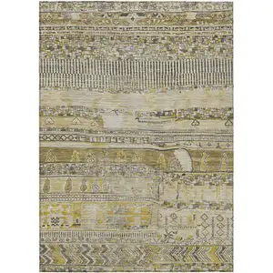 Photo of Brown And Gold Striped Washable Indoor Outdoor Area Rug