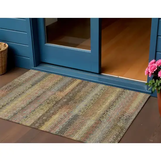 Brown And Gold Striped Washable Indoor Outdoor Area Rug Photo 2