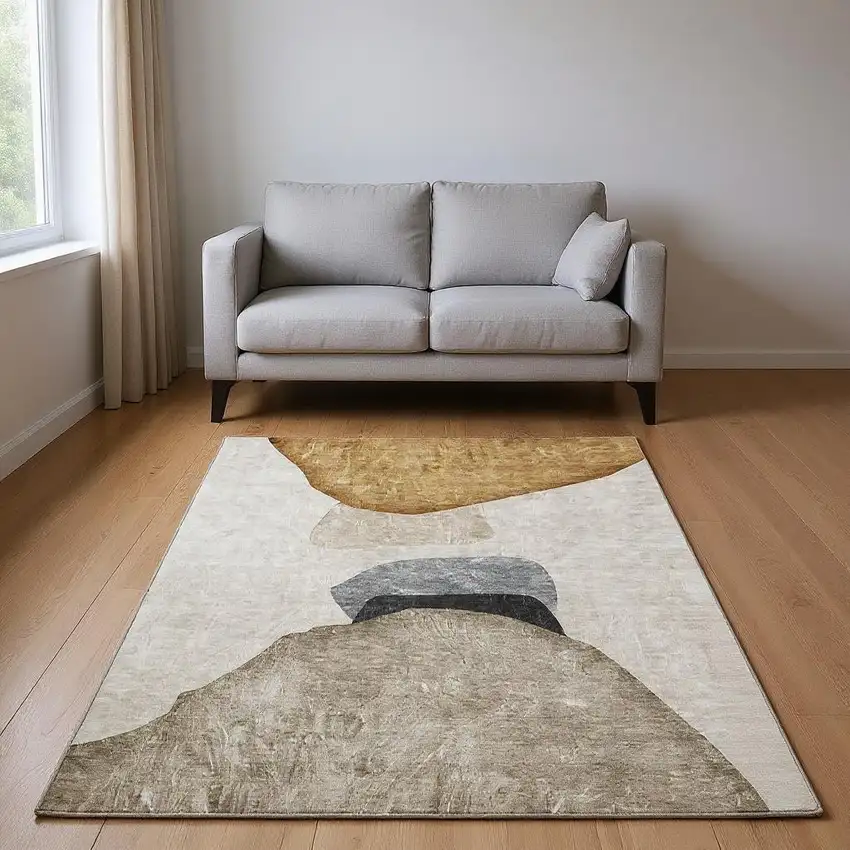 Brown And Gray Abstract Washable Area Rug With UV Protection Photo 2