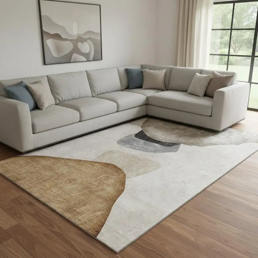 Brown And Gray Abstract Washable Area Rug With UV Protection Photo 1