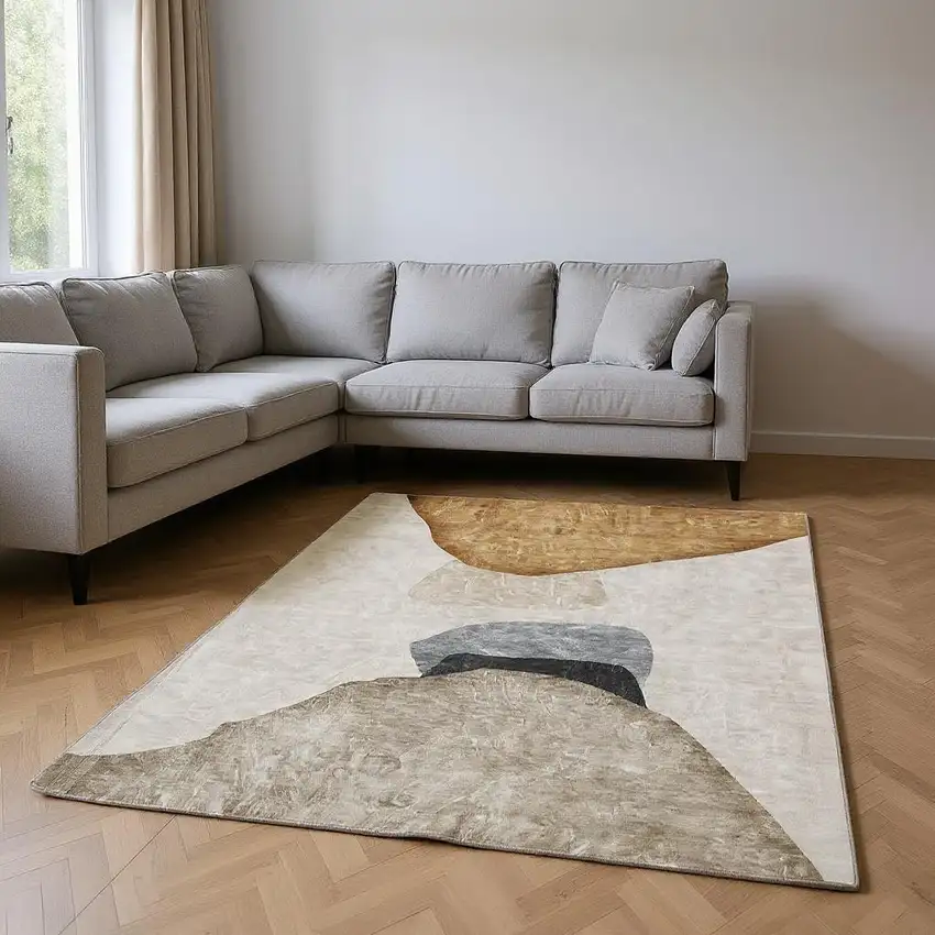 Brown And Gray Abstract Washable Area Rug With UV Protection Photo 2