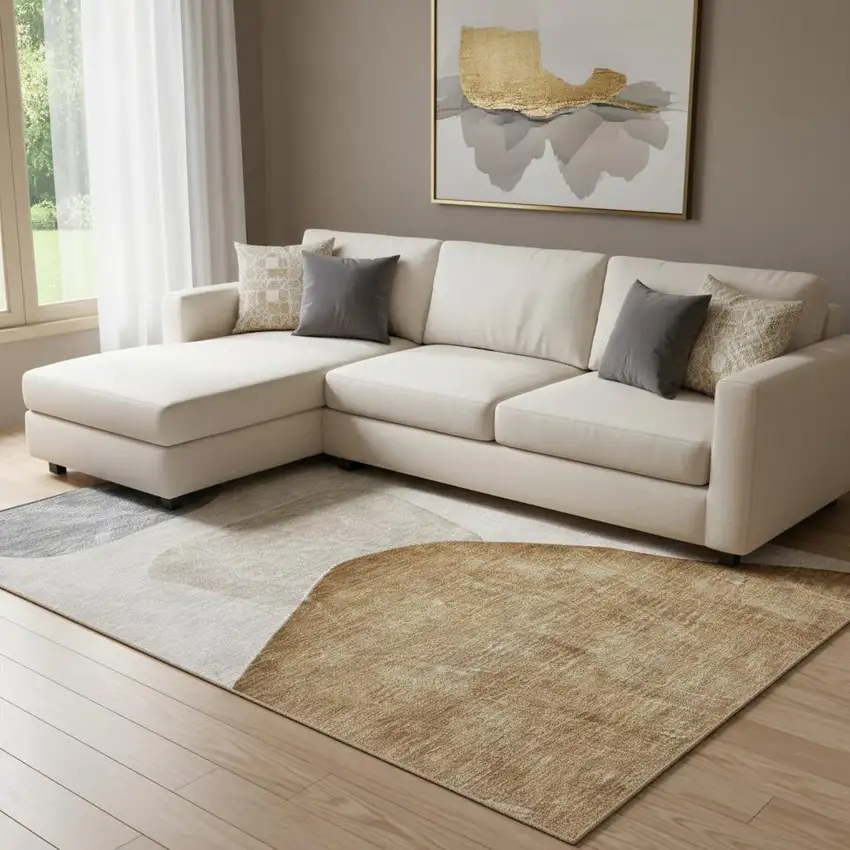 Brown And Gray Abstract Washable Area Rug With UV Protection Photo 1