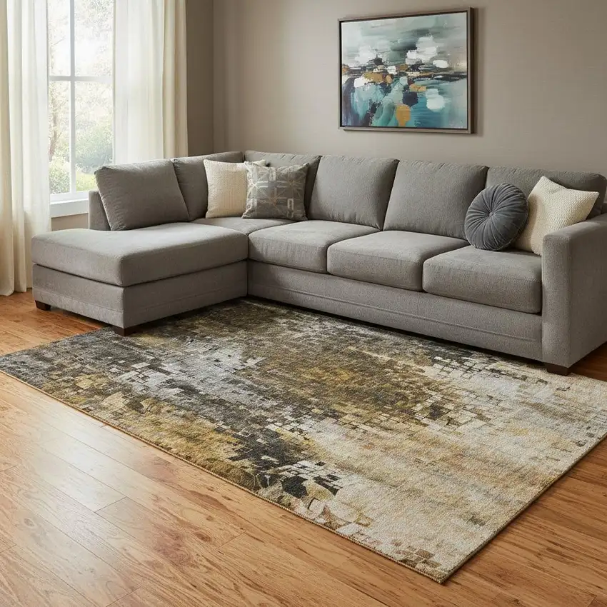 Brown And Gray Abstract Washable Area Rug With UV Protection Photo 1
