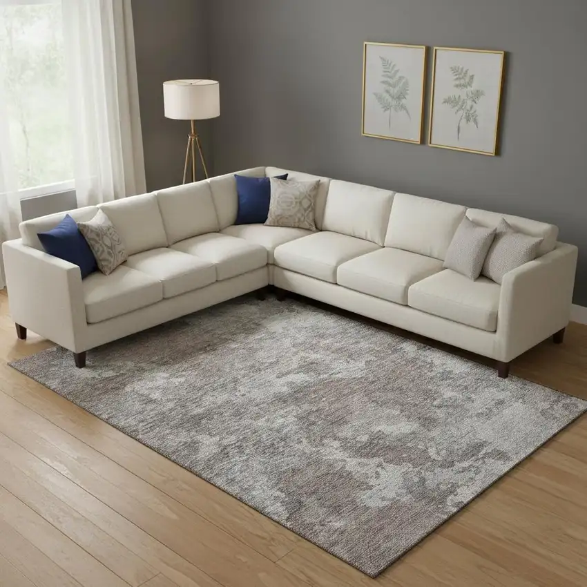 Brown And Gray Abstract Washable Area Rug With UV Protection Photo 2