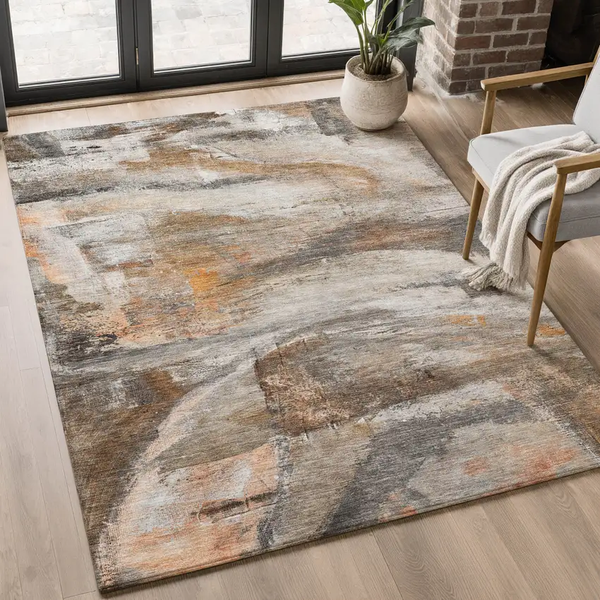 Brown And Gray Abstract Washable Area Rug With UV Protection Photo 4