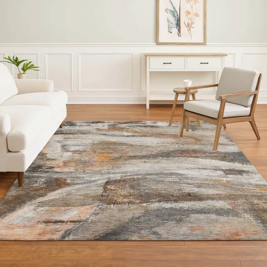 Brown And Gray Abstract Washable Area Rug With UV Protection Photo 4