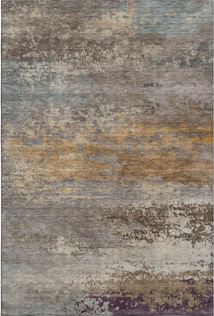 Brown And Gray Abstract Washable Area Rug With UV Protection Photo 2