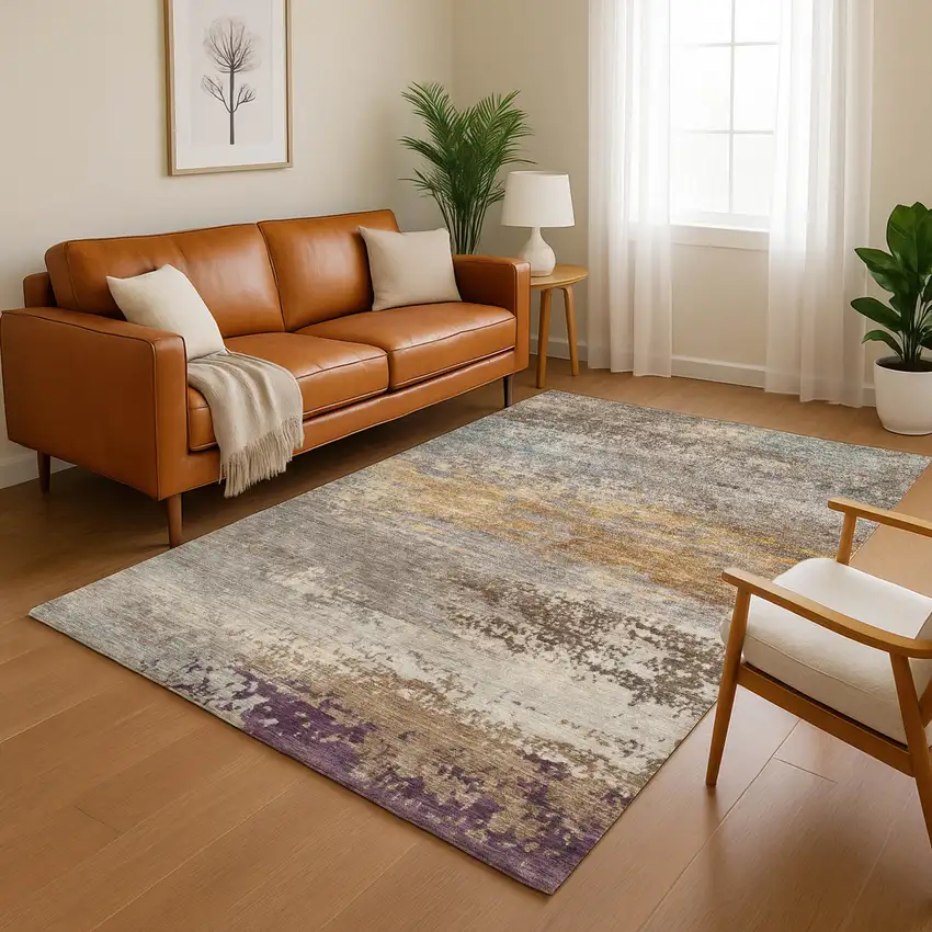 Brown And Gray Abstract Washable Area Rug With UV Protection Photo 5