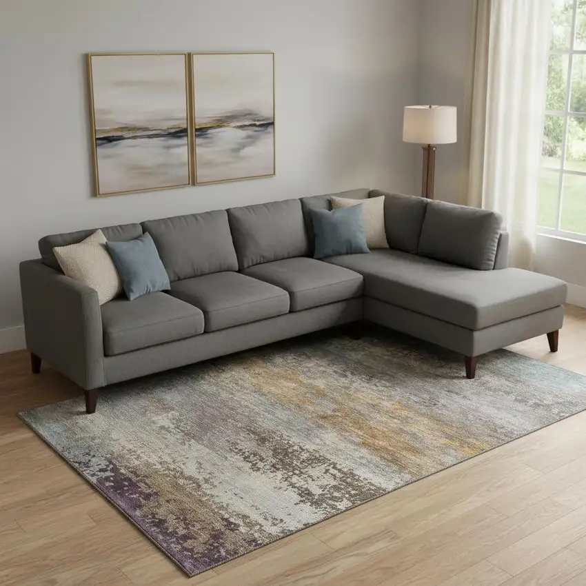 Brown And Gray Abstract Washable Area Rug With UV Protection Photo 2