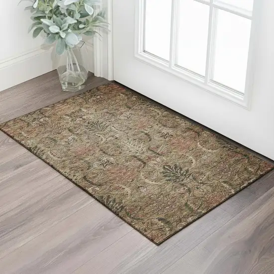 Brown And Gray Damask Washable Area Rug With UV Protection Photo 2