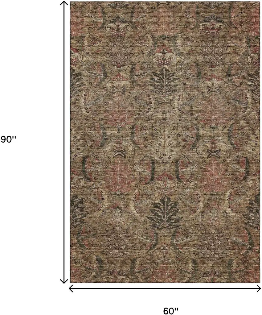 Brown And Gray Damask Washable Area Rug With UV Protection Photo 9
