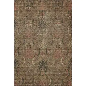Photo of Brown And Gray Damask Washable Area Rug With UV Protection