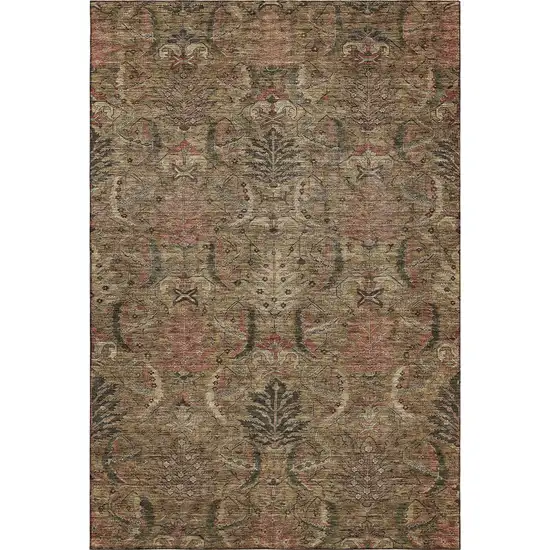 Brown And Gray Damask Washable Area Rug With UV Protection Photo 1