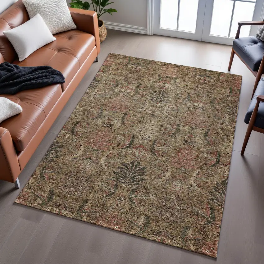 Brown And Gray Damask Washable Area Rug With UV Protection Photo 4