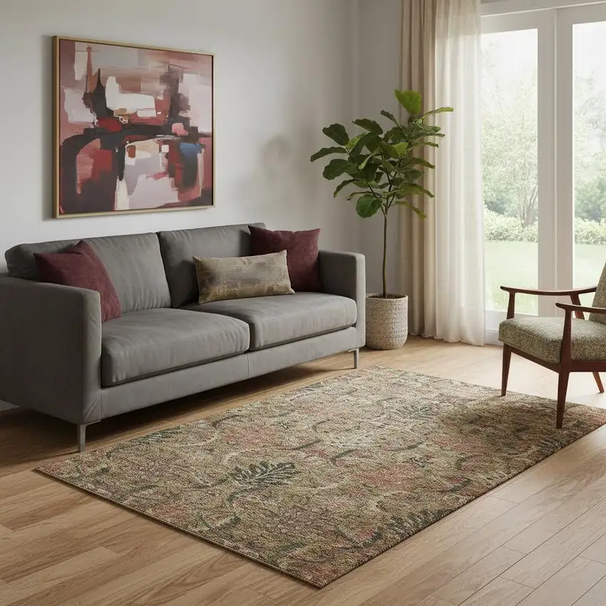 Brown And Gray Damask Washable Area Rug With UV Protection Photo 2