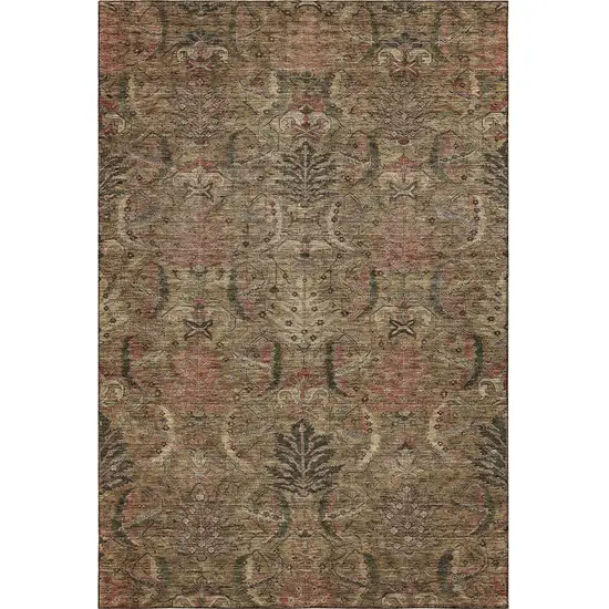 Brown And Gray Damask Washable Area Rug With UV Protection Photo 3