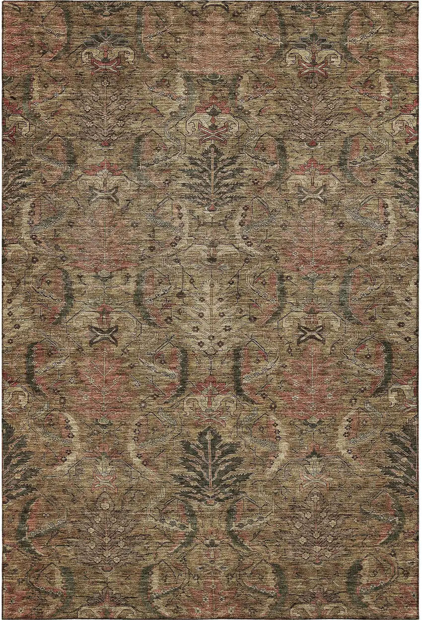 Brown And Gray Damask Washable Area Rug With UV Protection Photo 3