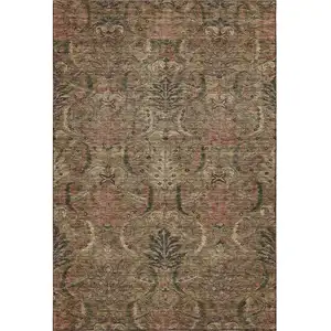 Photo of Brown And Gray Damask Washable Area Rug With UV Protection