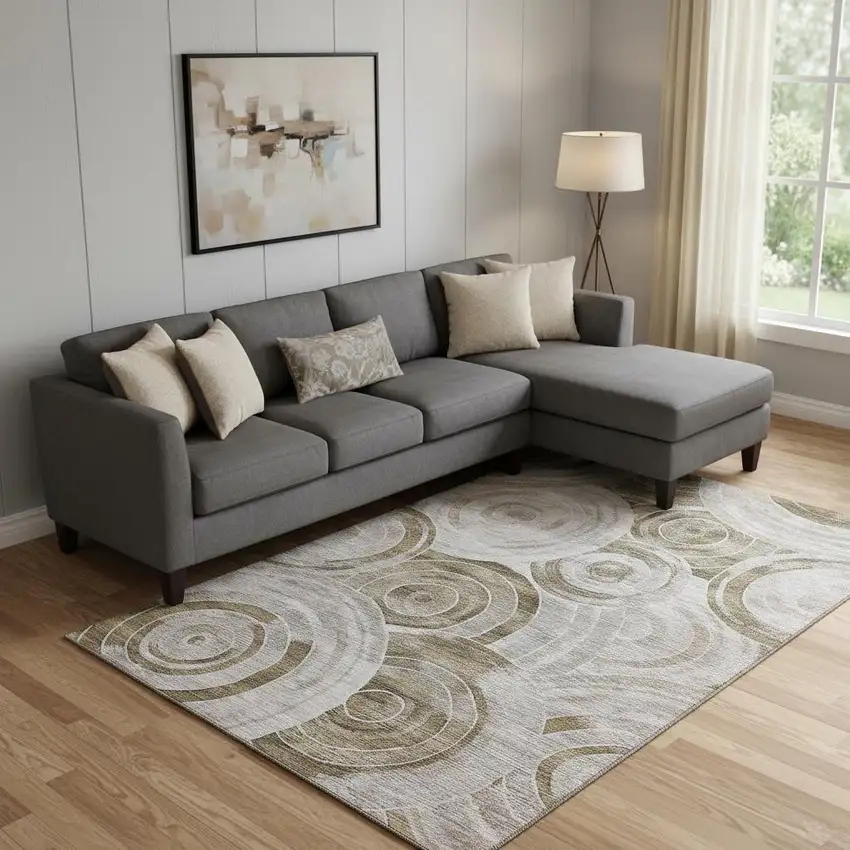 Brown And Gray Geometric Washable Area Rug With UV Protection Photo 2