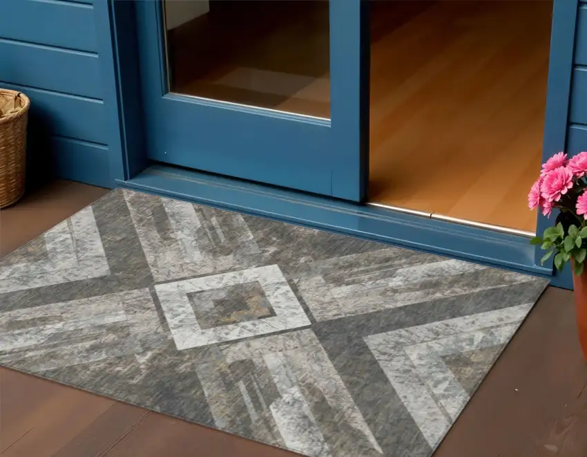 Brown And Gray Geometric Washable Indoor Outdoor Area Rug Photo 2