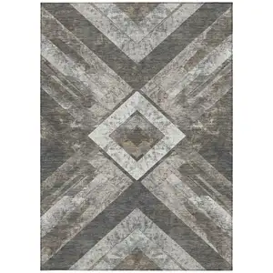 Photo of Brown And Gray Geometric Washable Indoor Outdoor Area Rug