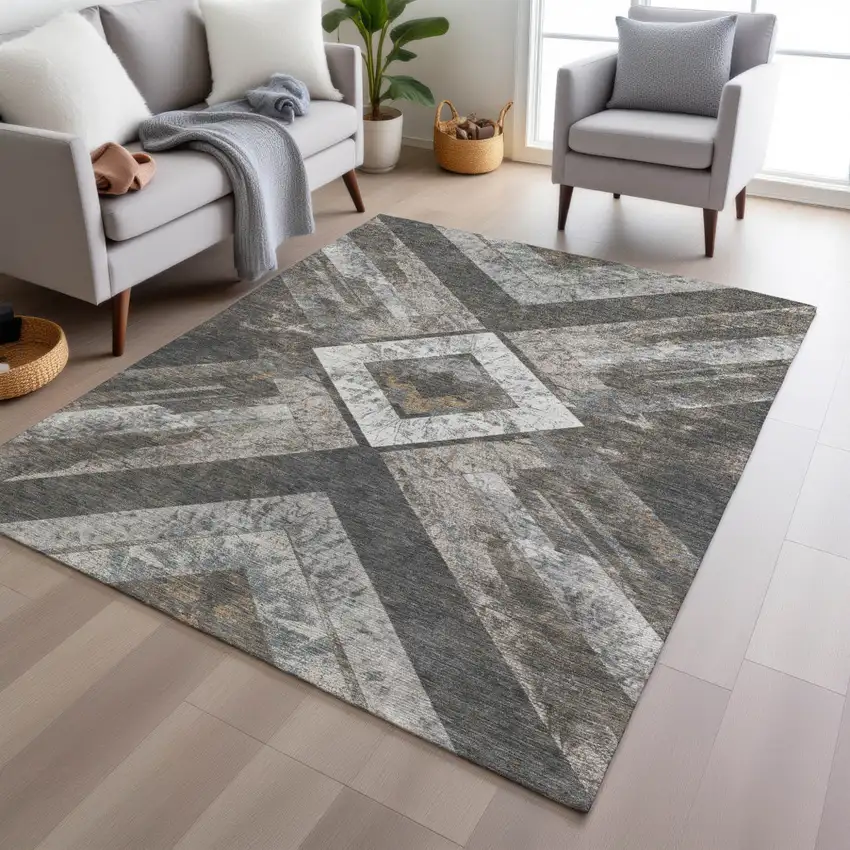 Brown And Gray Geometric Washable Indoor Outdoor Area Rug Photo 4