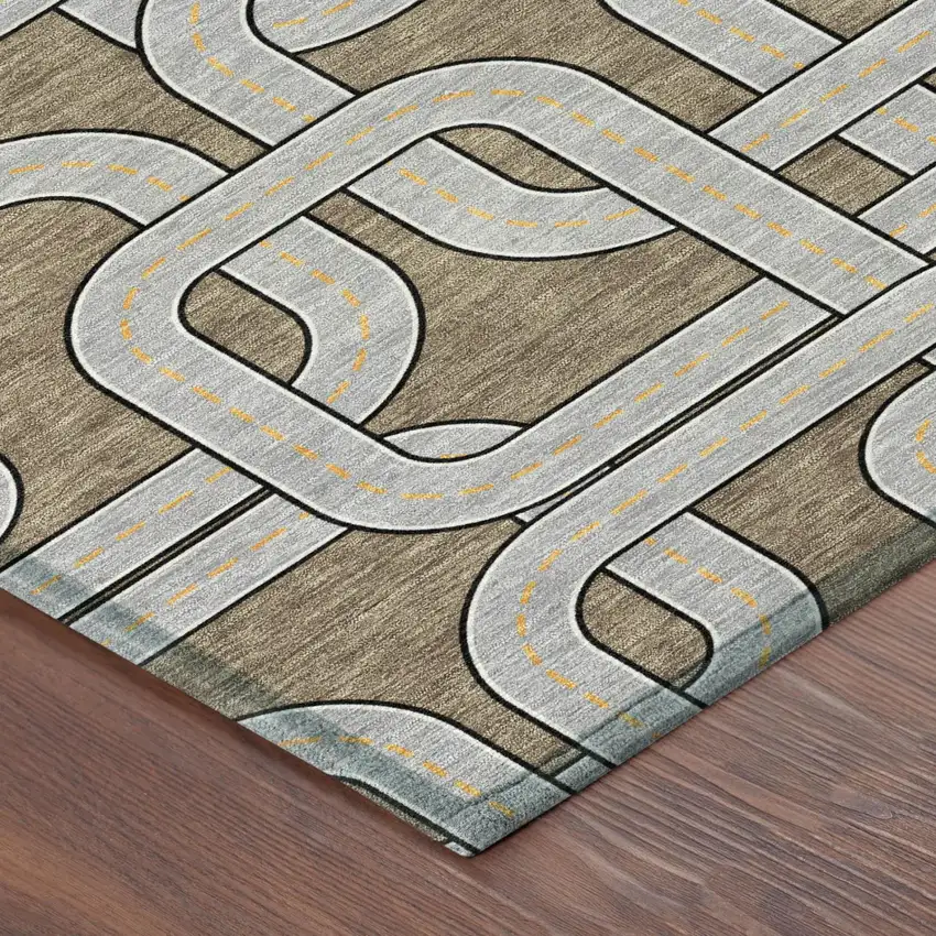 Brown And Gray Geometric Washable Indoor Outdoor Area Rug Photo 3