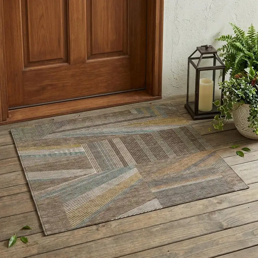 Brown And Gray Geometric Washable Indoor Outdoor Area Rug Photo 1