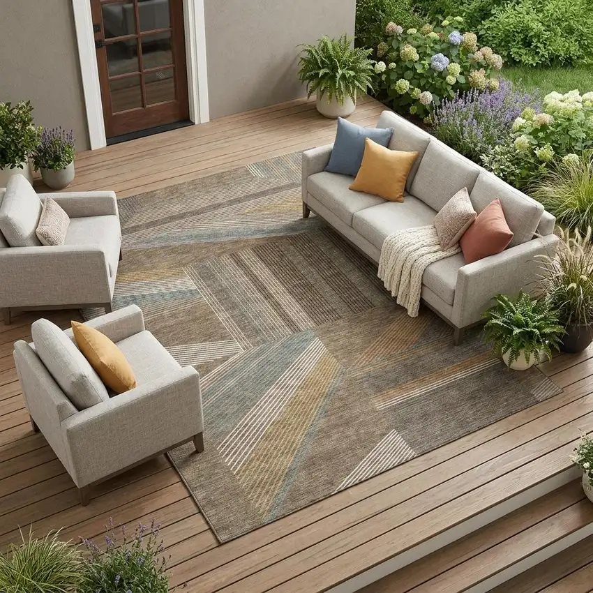 Brown And Gray Geometric Washable Indoor Outdoor Area Rug Photo 1