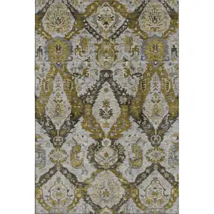 Photo of Brown And Gray Ikat Washable Area Rug With UV Protection