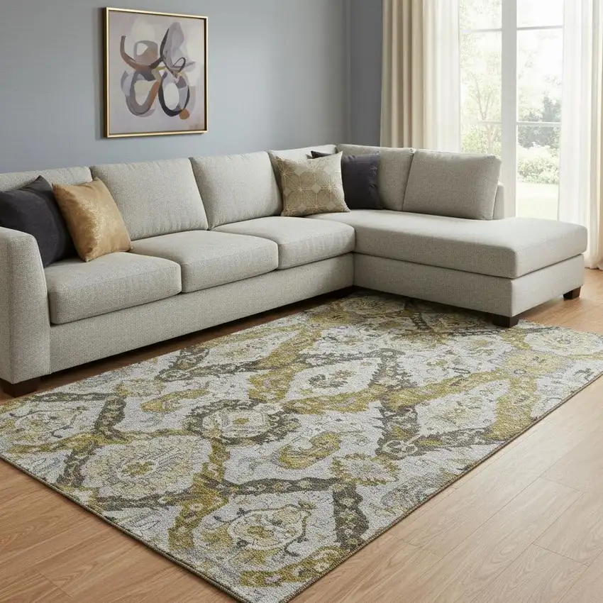 Brown And Gray Ikat Washable Area Rug With UV Protection Photo 2