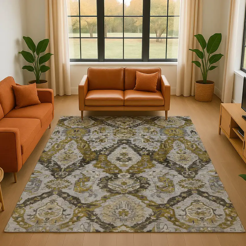 Brown And Gray Ikat Washable Area Rug With UV Protection Photo 5