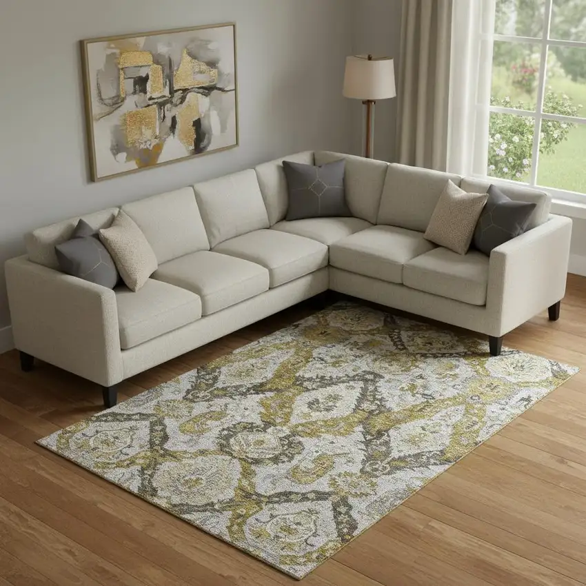 Brown And Gray Ikat Washable Area Rug With UV Protection Photo 2