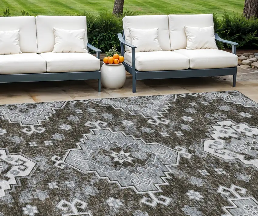 Brown And Gray Medallion Washable Indoor Outdoor Area Rug Photo 1