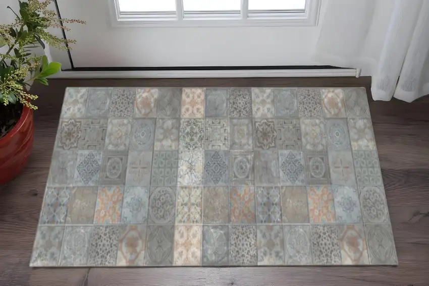Brown And Gray Mosaic Tile Printed Vinyl Area Rug with UV Protection Photo 1