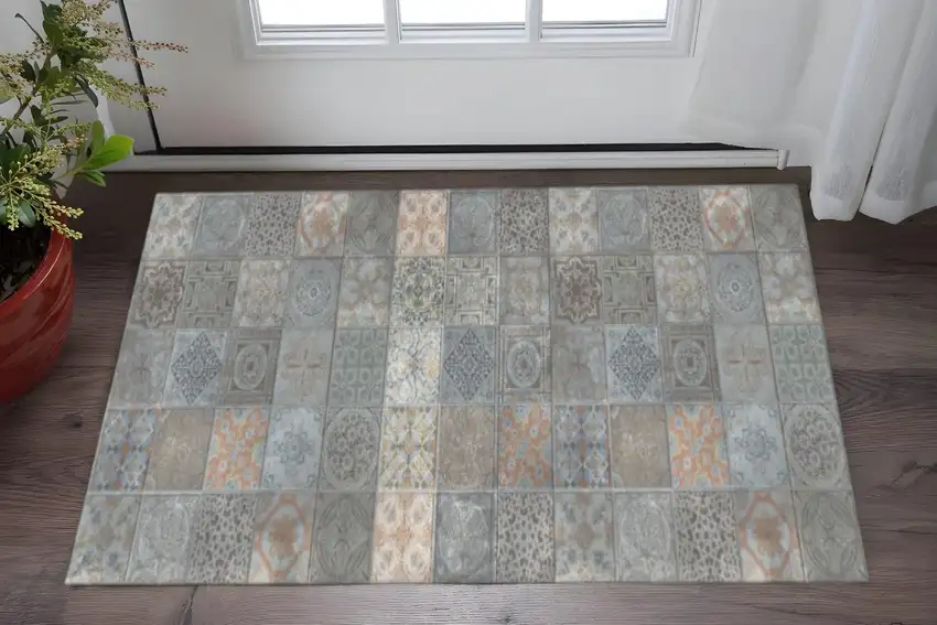 Brown And Gray Mosaic Tile Printed Vinyl Area Rug with UV Protection Photo 1