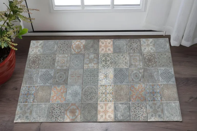 Brown And Gray Mosaic Tile Printed Vinyl Area Rug with UV Protection Photo 4