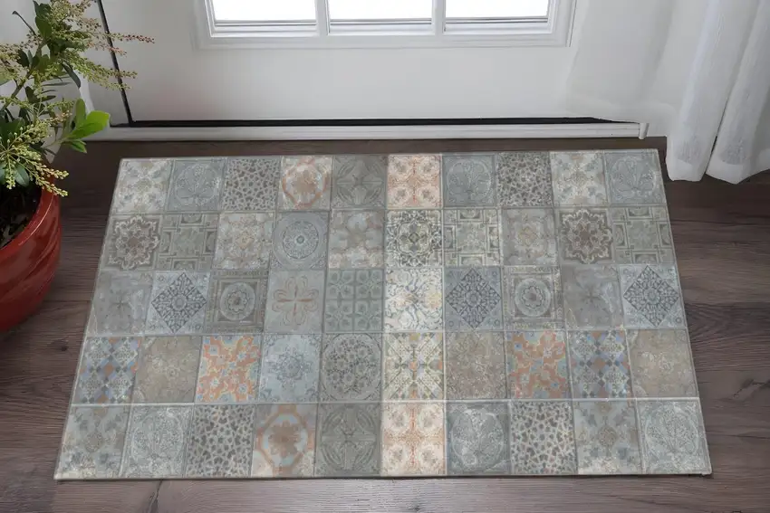 Brown And Gray Mosaic Tile Printed Vinyl Area Rug with UV Protection Photo 1