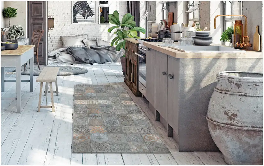 Brown And Gray Mosaic Tile Printed Vinyl Area Rug with UV Protection Photo 6